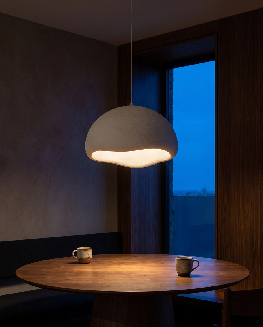 Nuvola cloud pendant glowing warm over a round walnut table at night