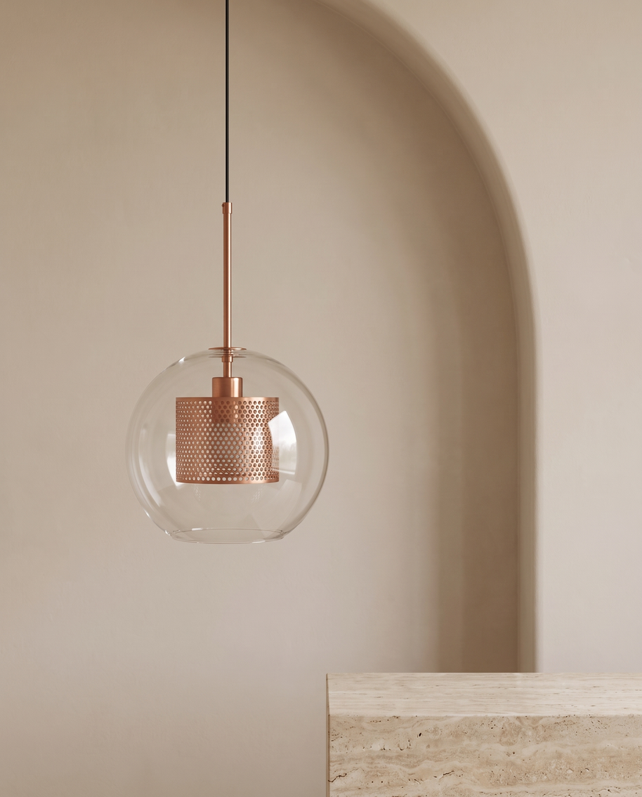Chiswick Glass Pendant Light against a plaster arch with travertine plinth