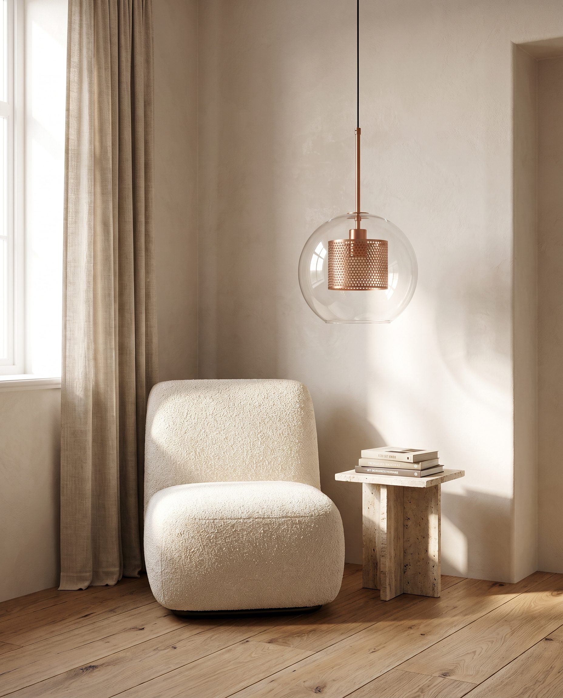 Chiswick Glass Pendant Light in a daylight reading corner with a boucle chair