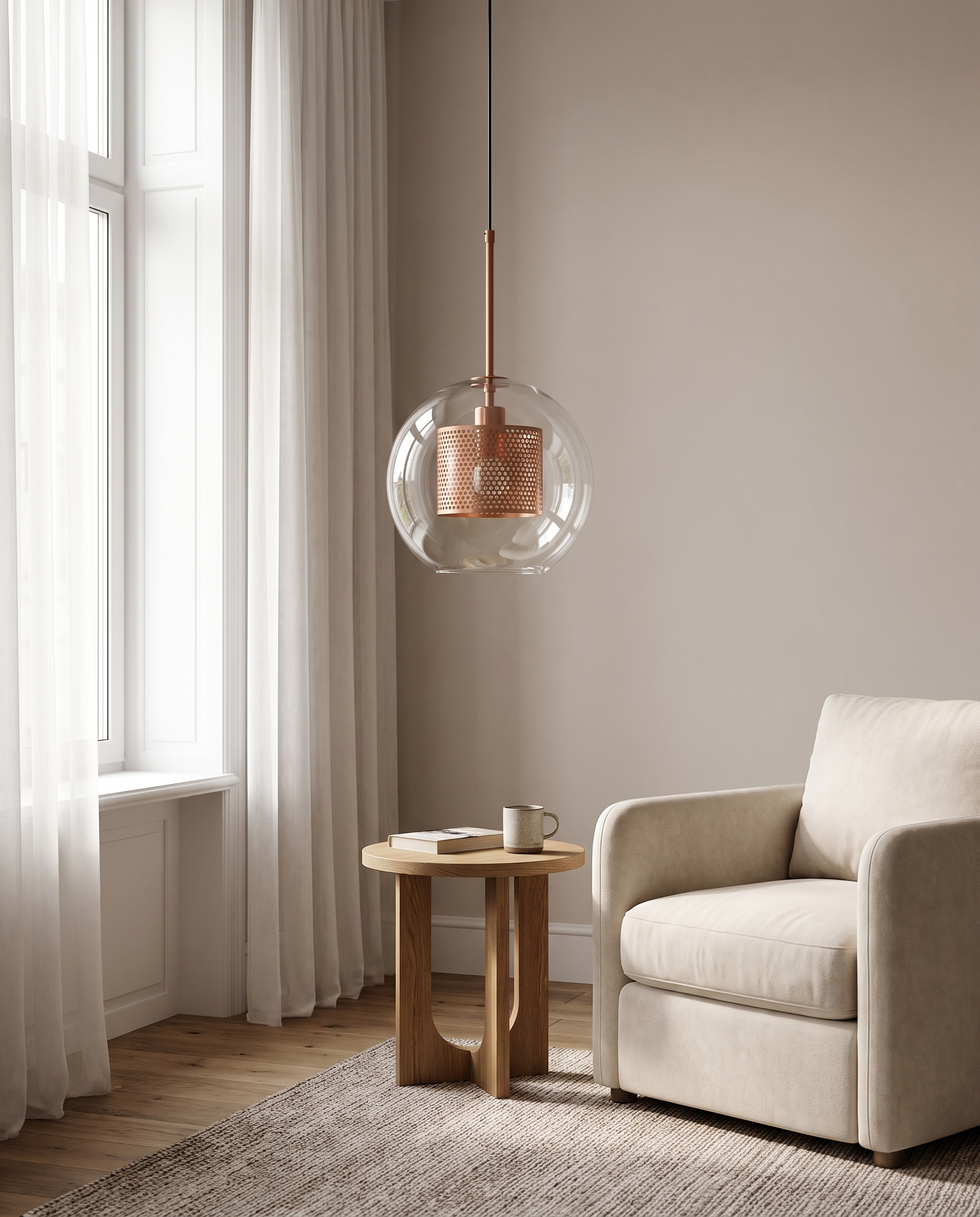 Chiswick Glass Pendant Light at realistic scale beside an armchair and side table