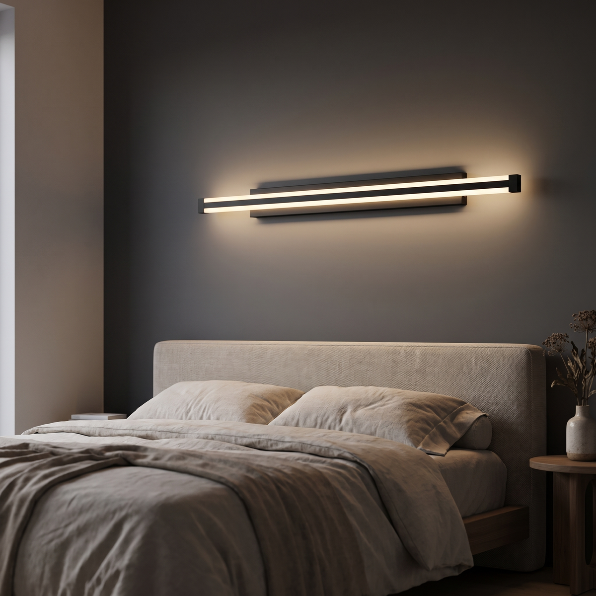 Veltra linear LED wall light, a slim black bar with lit acrylic strips, mounted horizontally on a dark grey wall above an upholstered bed and nightstand.