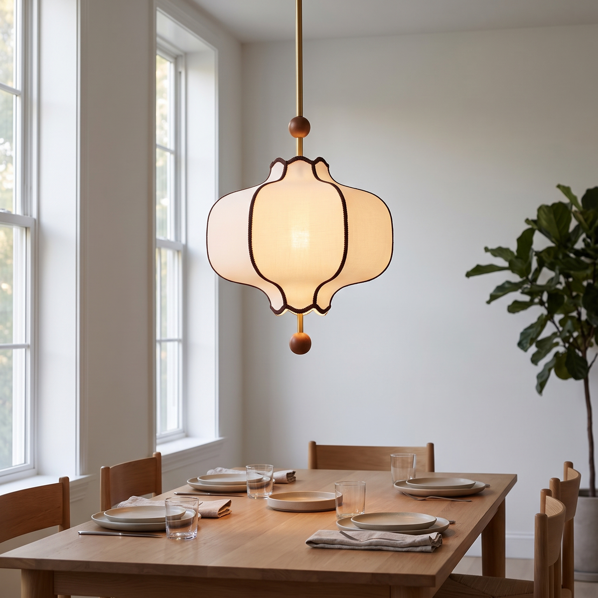Velmora lantern pendant with a white fabric shade on a gold frame and rod, hanging above an oak dining table set with plates and glasses beside tall windows