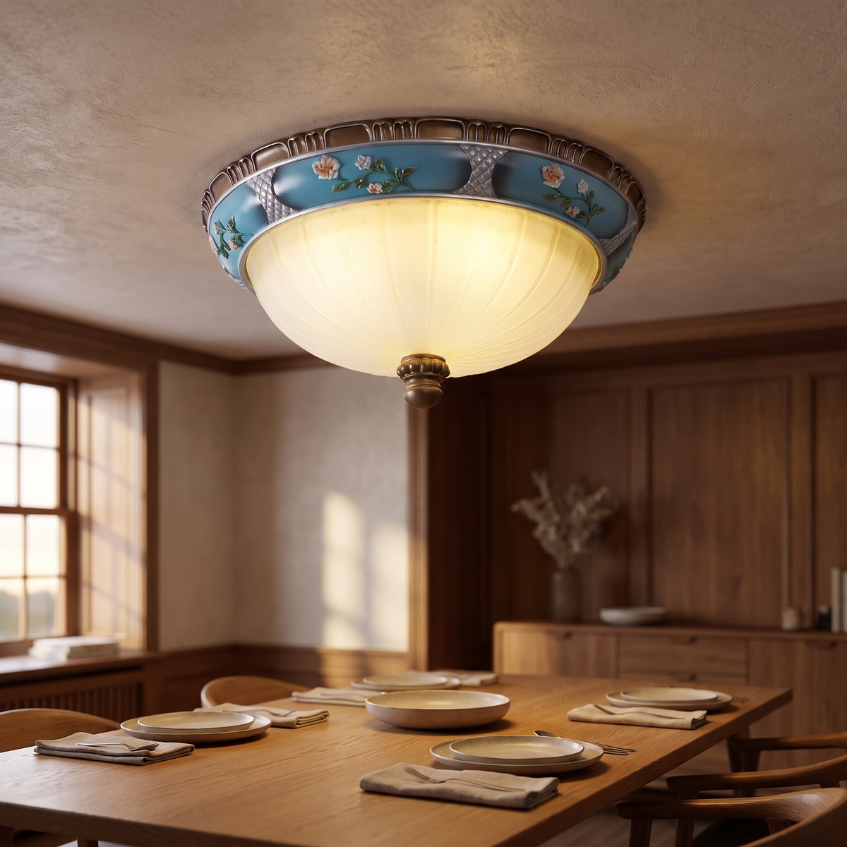 Verane blue resin ceiling light with a painted floral rim and ribbed white glass shade, mounted flush on the ceiling above a set oak dining table in a wood-panelled room.