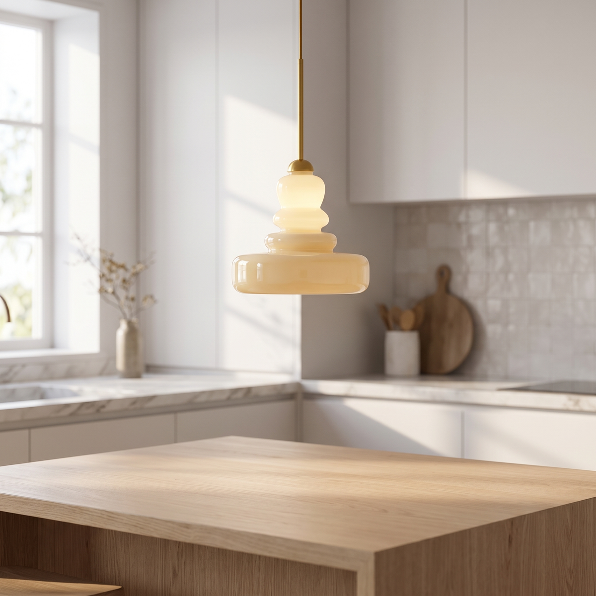 Marlowe pendant with a stacked beige glass shade on a brass stem, hanging above an oak kitchen island in a white kitchen with a tiled backsplash and window.