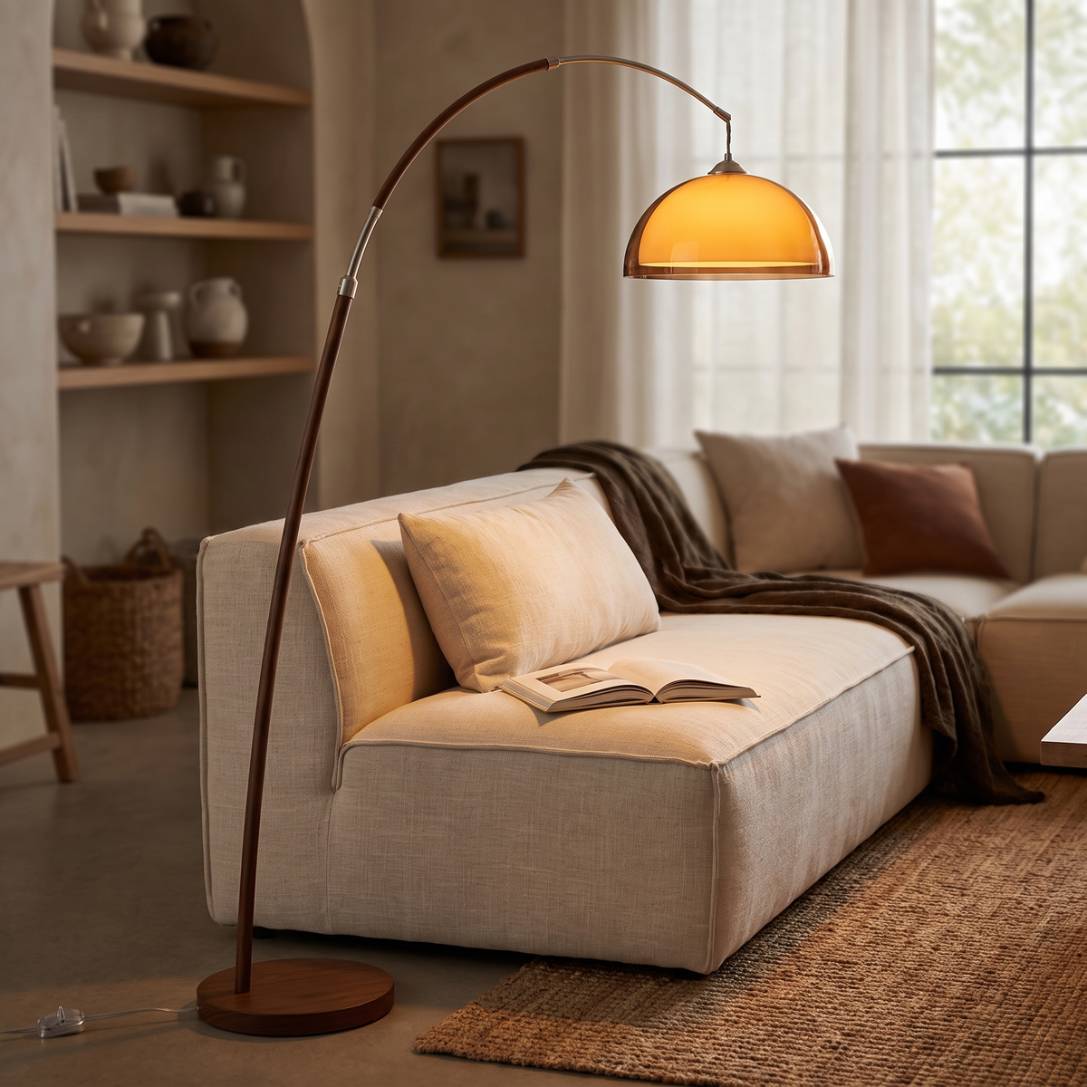 Lorette arc floor lamp in dark walnut with an amber dome shade, standing on a round base beside a linen sofa and lighting an open book in a living room.