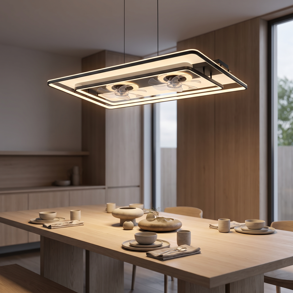 Astrelle black rectangular ceiling fixture with a lit LED frame and two recessed fan heads, suspended above an oak dining table set with bowls in a wood-lined room.