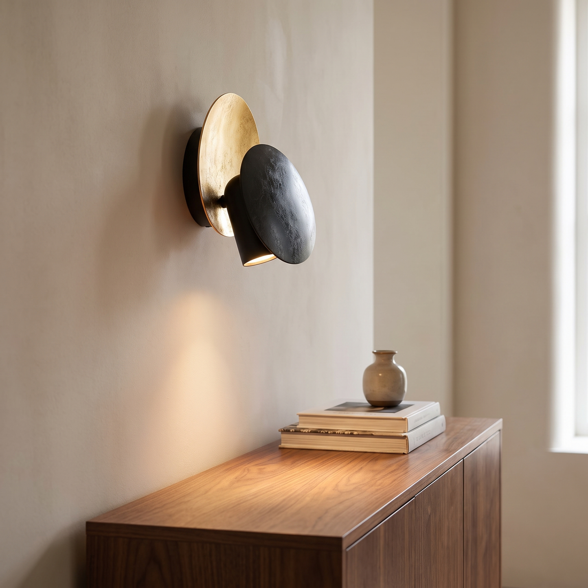 Lunark eclipse wall sconce with a gold backplate and a tilted black LED head, mounted on a beige plaster wall above a walnut sideboard holding books and a small vase.