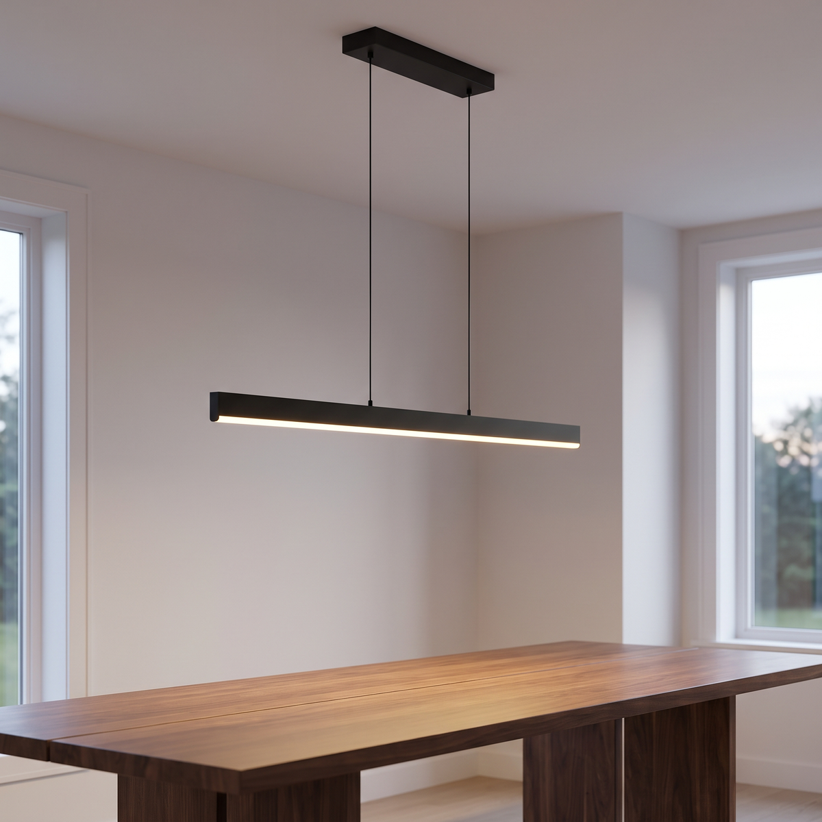 Solvane linear LED pendant, a single straight black bar on two thin cords, hanging level above a walnut dining table in a pale room with tall windows.