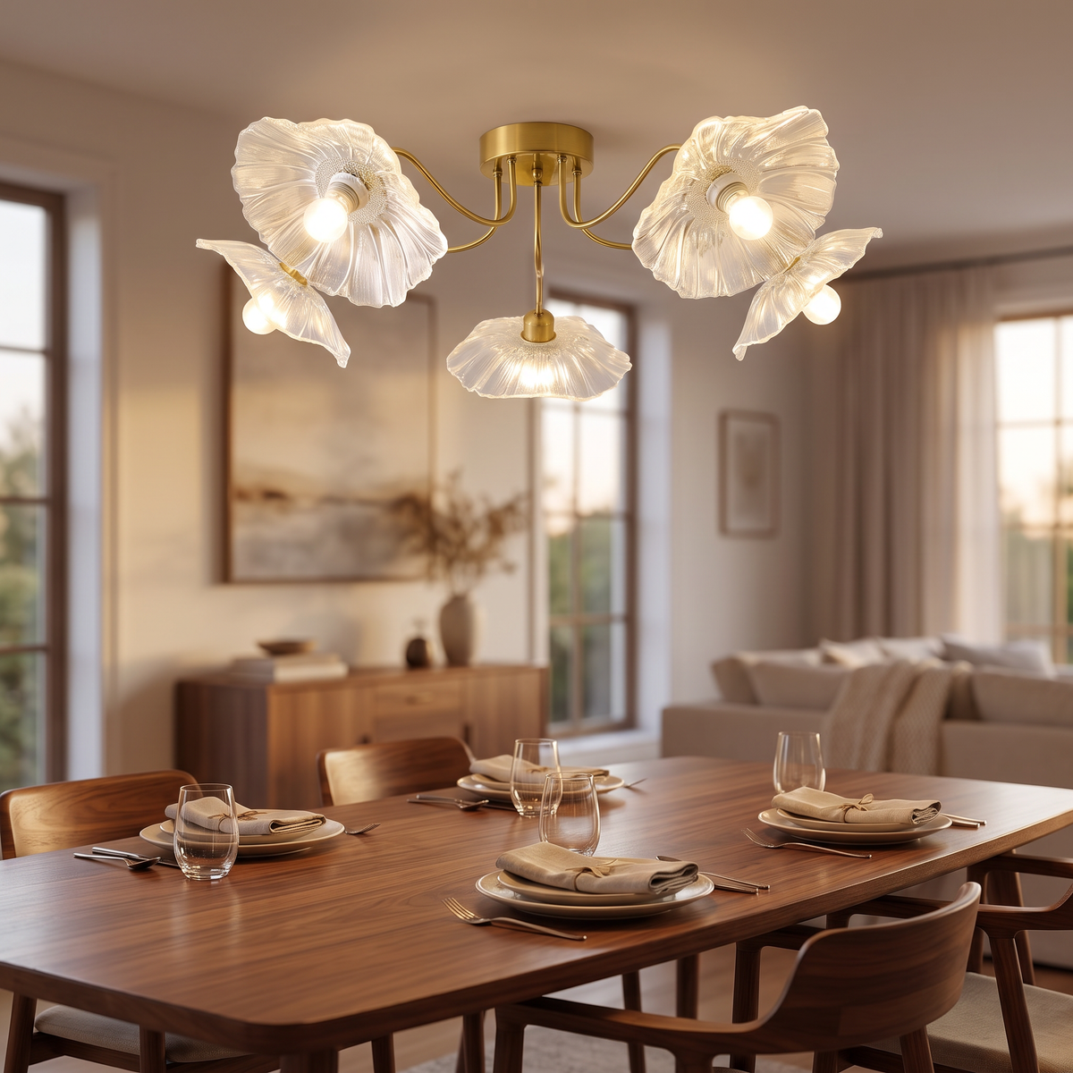 Talise ceiling light with five frosted glass leaf shades on a gold frame, mounted flush above a set walnut dining table in a warm evening room.