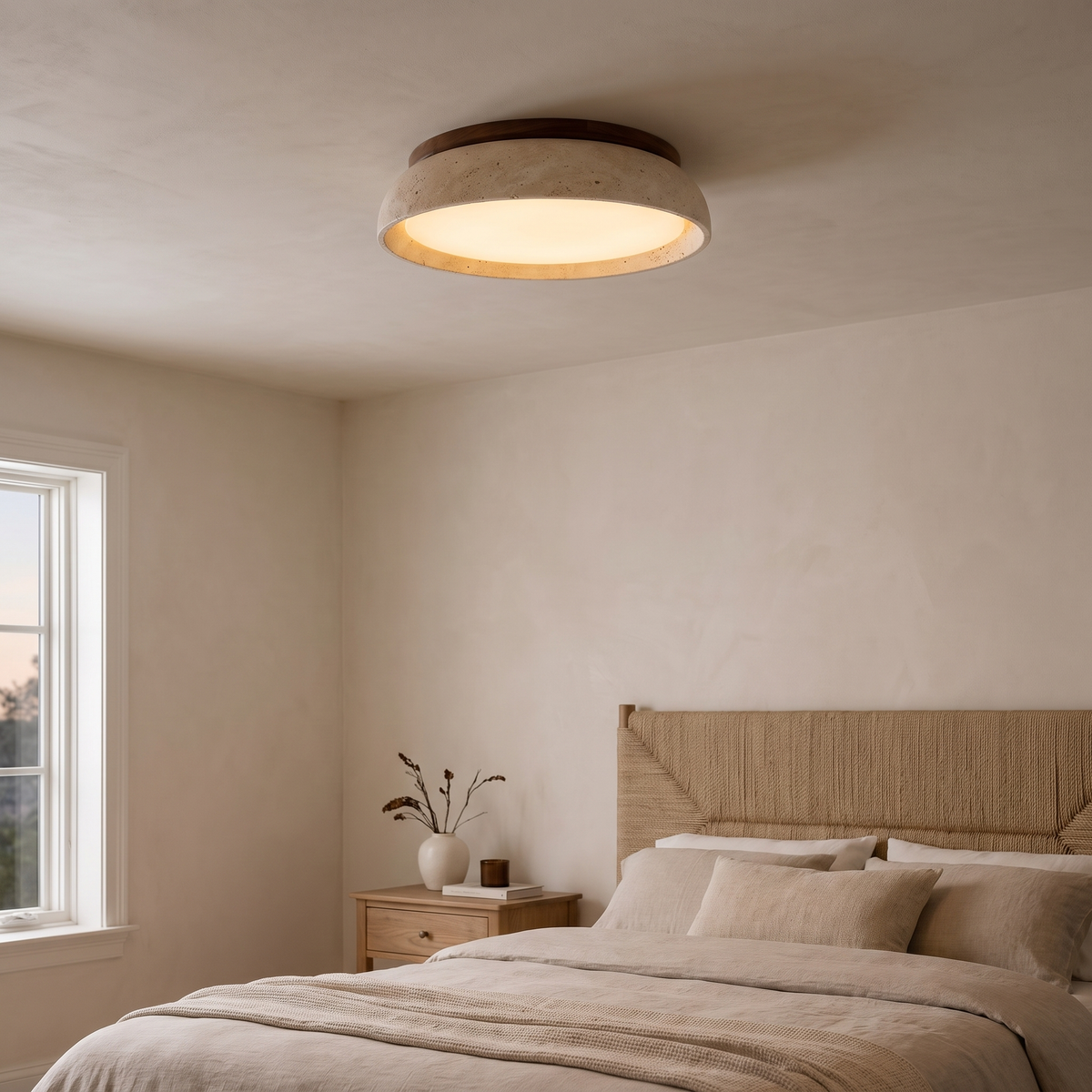 Havelle travertine flush mount with a walnut trim ring and lit acrylic diffuser, set on the ceiling of a linen-toned bedroom above a woven headboard.