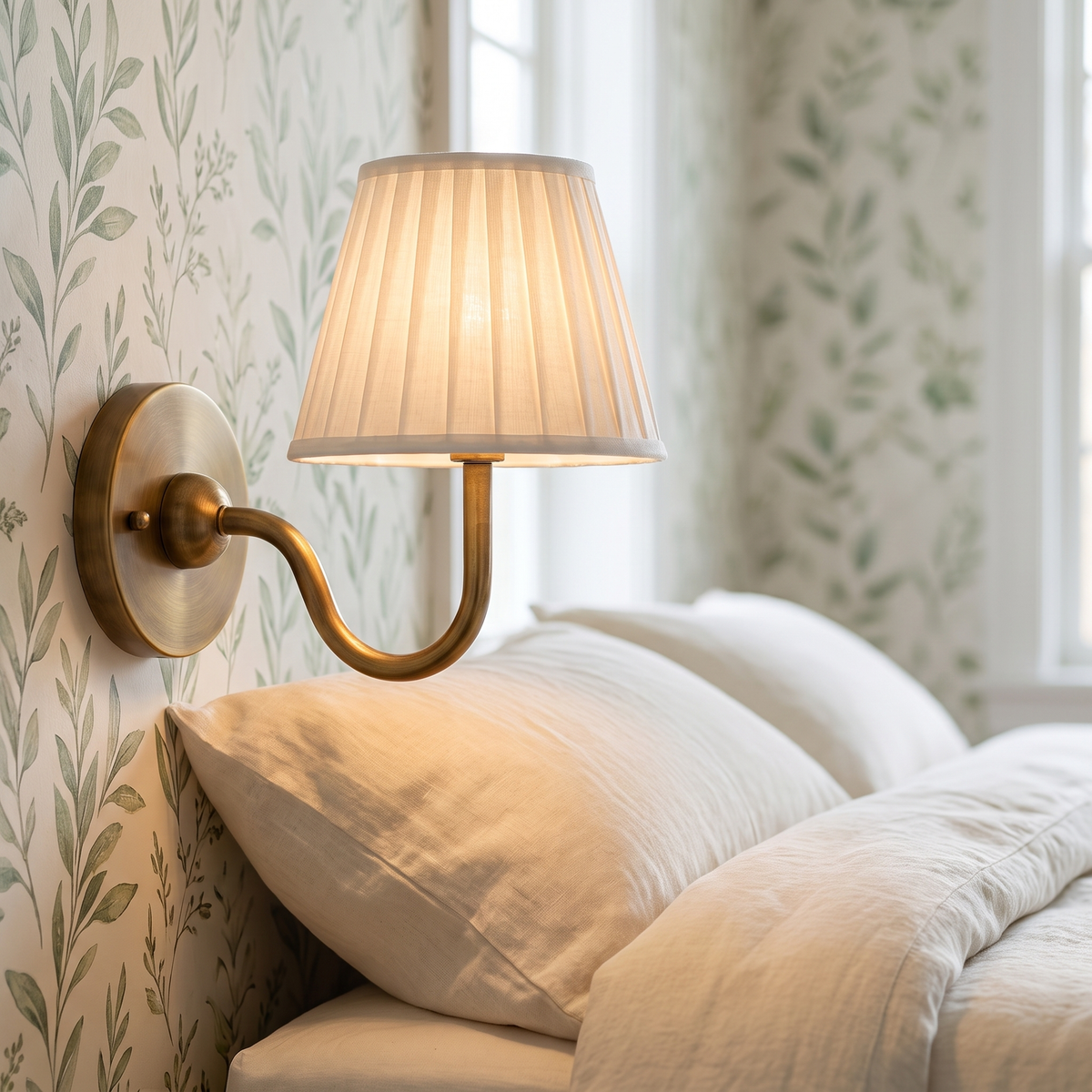 Doriane wall sconce with a brass backplate and curved arm carrying a white pleated fabric shade, mounted on botanical wallpaper beside a made bed.