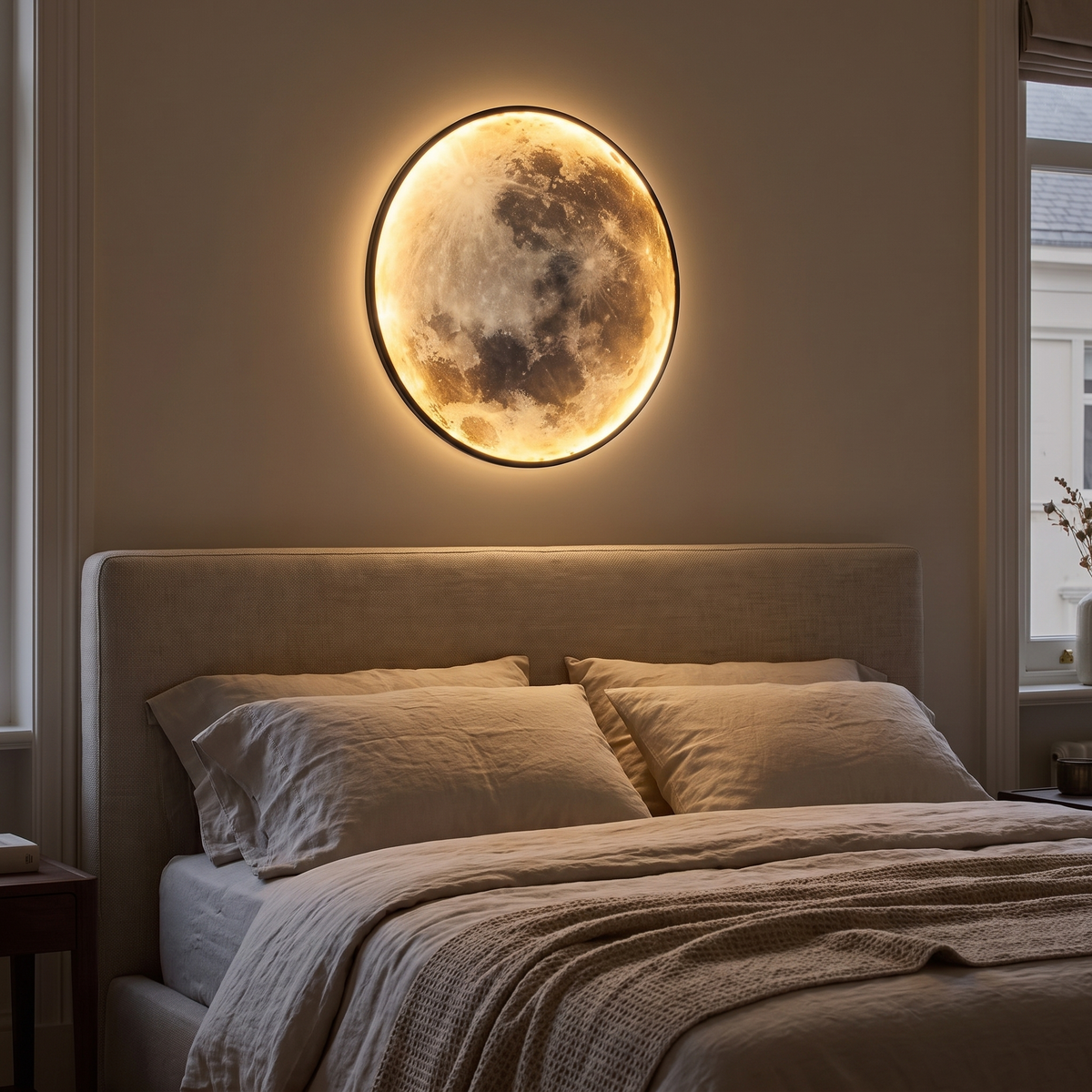 Cielune round moon wall light with a lit acrylic face and thin dark rim, mounted above an upholstered headboard in a dim bedroom at night.