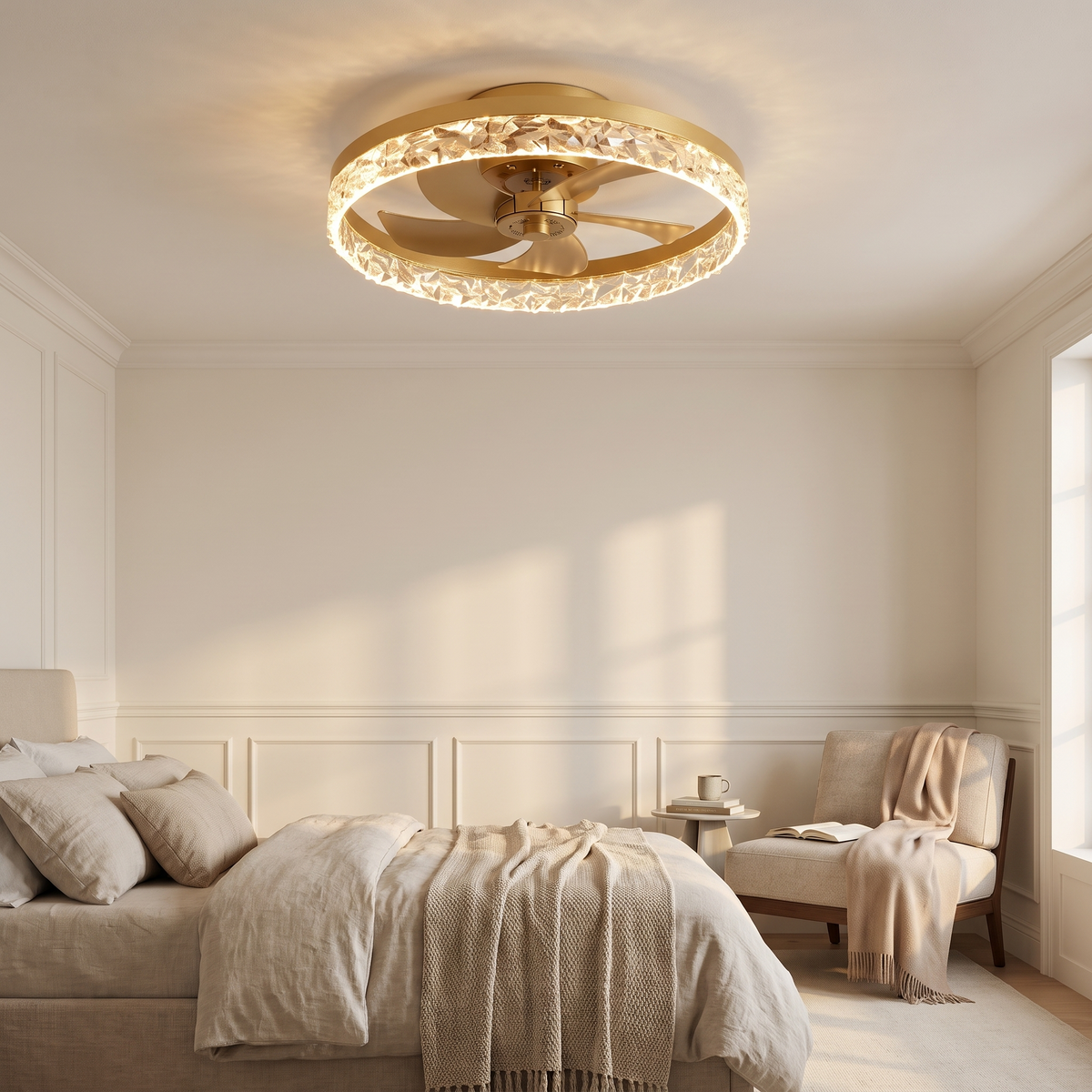 Brindale gold ceiling fan light mounted flush on the ceiling of a cream panelled bedroom, its crystal ring lit warm above a linen bed and a low armchair.