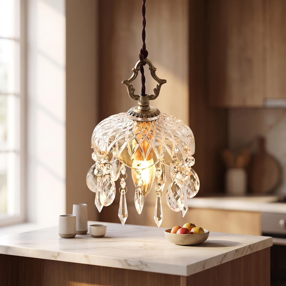Ilvara pendant with a scalloped cut-glass shade and hanging crystal drops on an ornate brass hanger, above a marble kitchen counter.