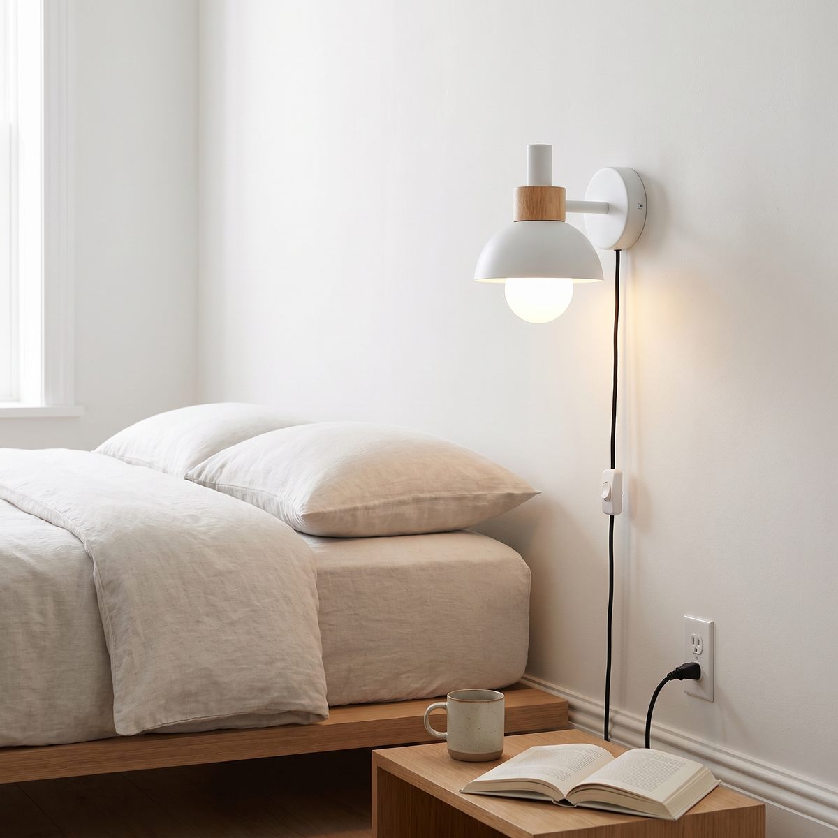 Joveline plug-in wall lamp in white with a wood collar and dome shade, mounted beside a linen bed with its black cord running to a wall outlet.