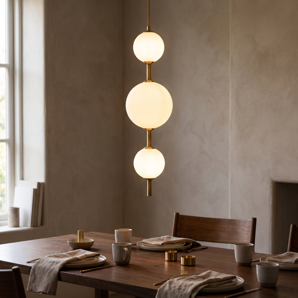 Ivora pendant with three matte white glass globes on a brass stem, hanging above a walnut dining table set with plates and mugs.