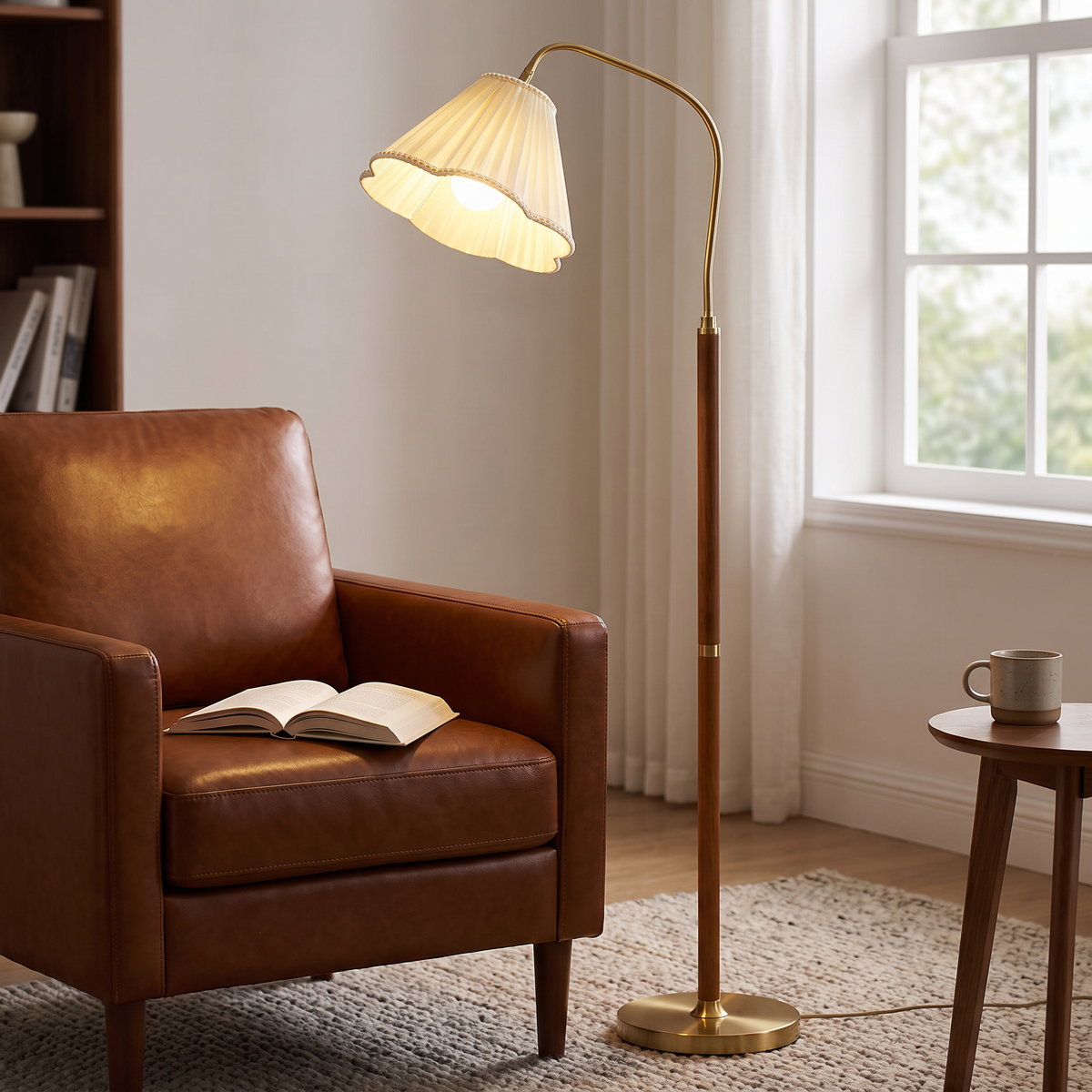 Vantelle floor lamp with a walnut column, brass gooseneck and cream pleated shade with crochet trim, standing beside a leather armchair by a window.