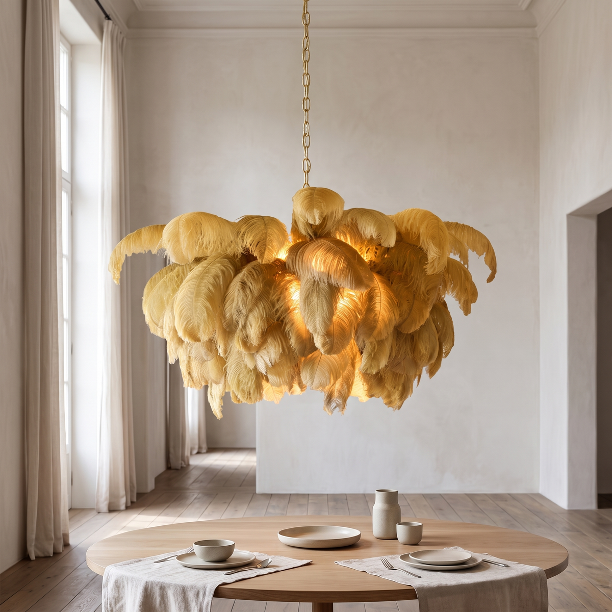 Fenmara chandelier of layered natural ostrich feathers on a brass frame, hanging on a brass chain above a round table in a pale room.