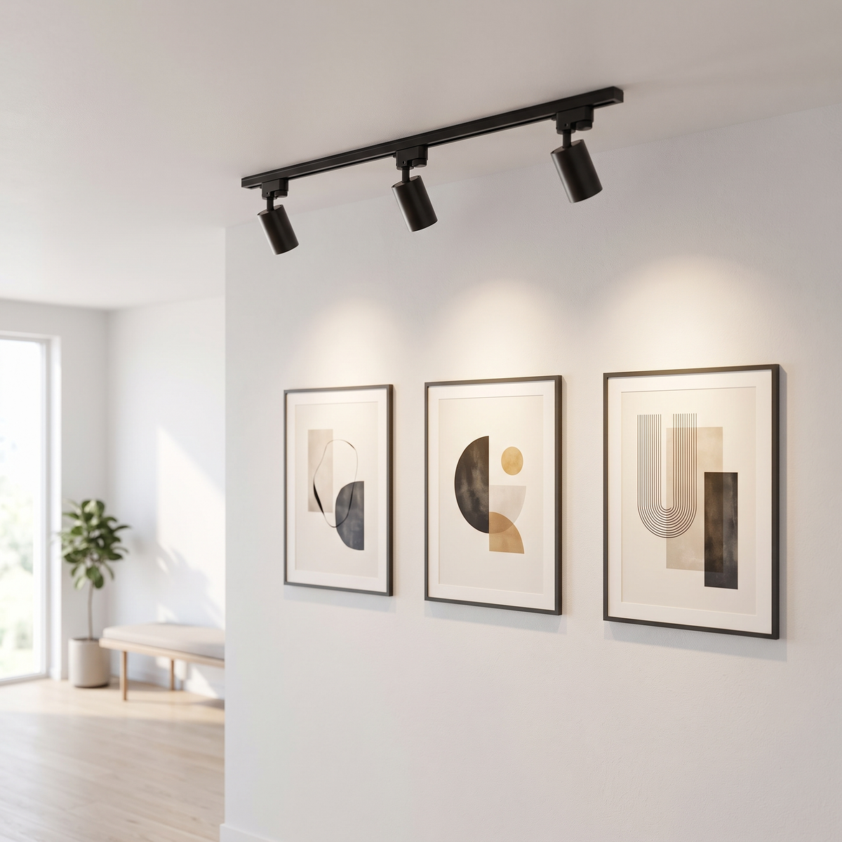 Calvara black track light with three adjustable spot heads, mounted on a white ceiling and lighting three framed prints on the wall below.