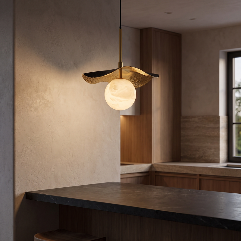 Belvaro Alabaster and Brass Sphere Pendant Light