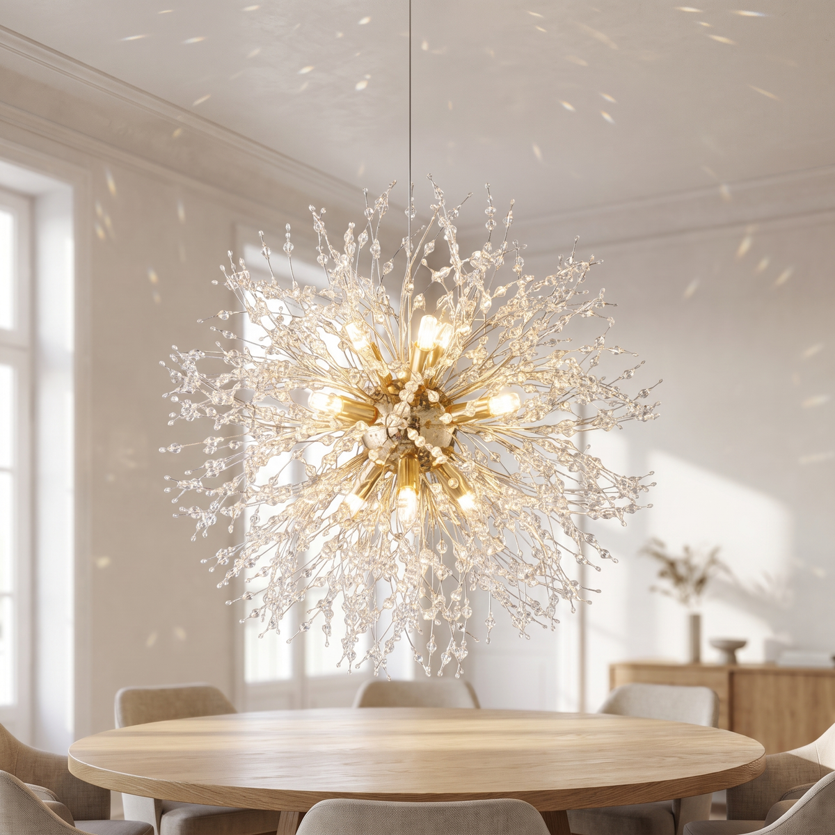 Lorvenne chandelier of crystal-beaded sprays radiating from a lit gold hub, hanging above a round oak dining table.