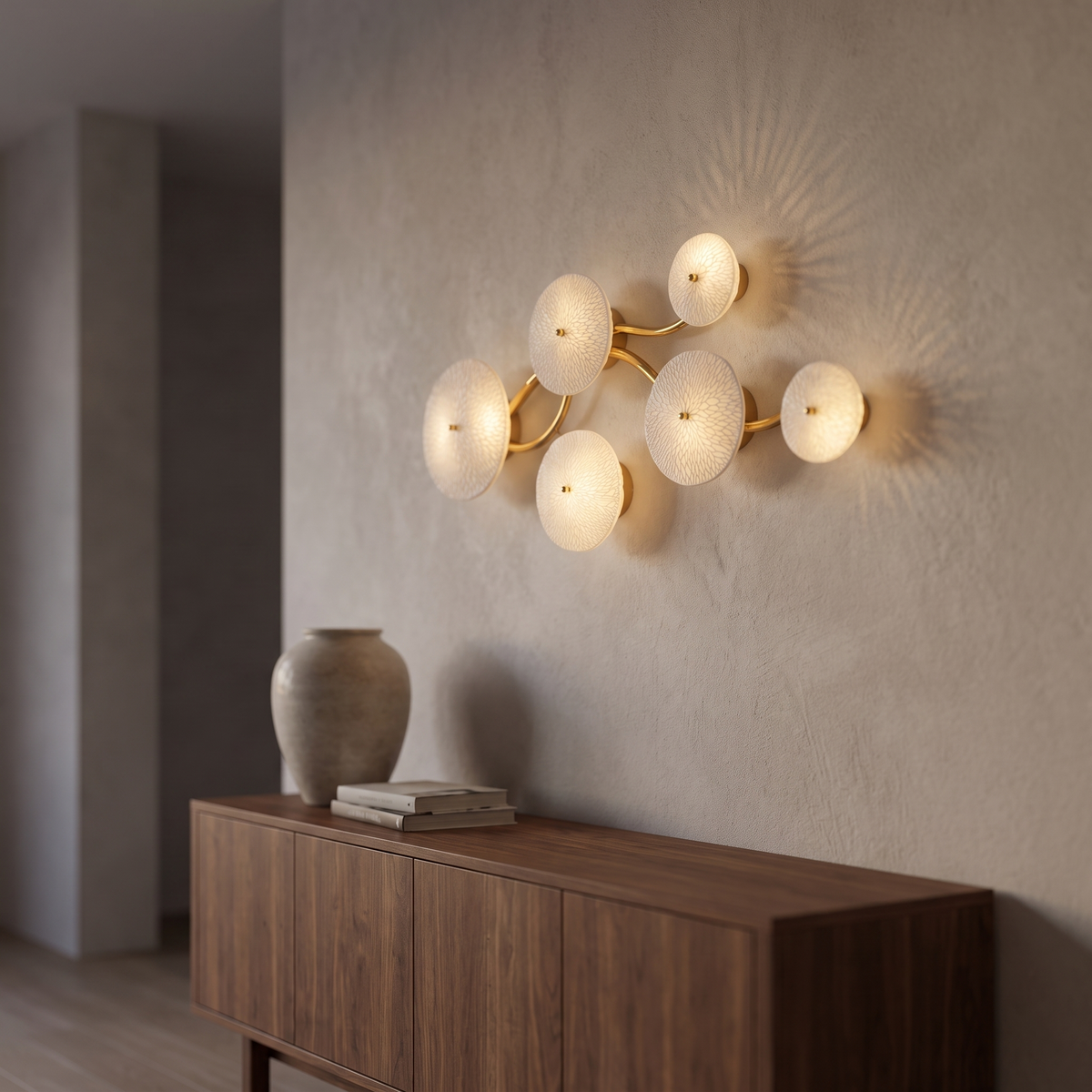 Ghislaine wall light with six white ceramic petal discs on a gold spine, mounted on a plaster wall above a walnut sideboard.