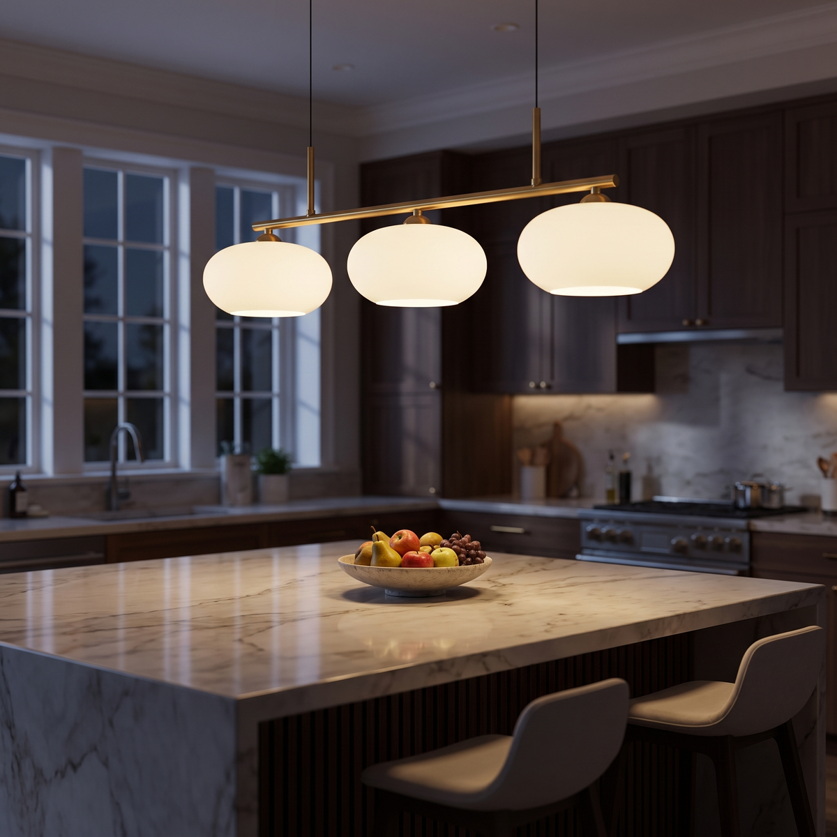 Genessa linear pendant with a gold bar carrying three white glass oval shades, hanging above a marble kitchen island.