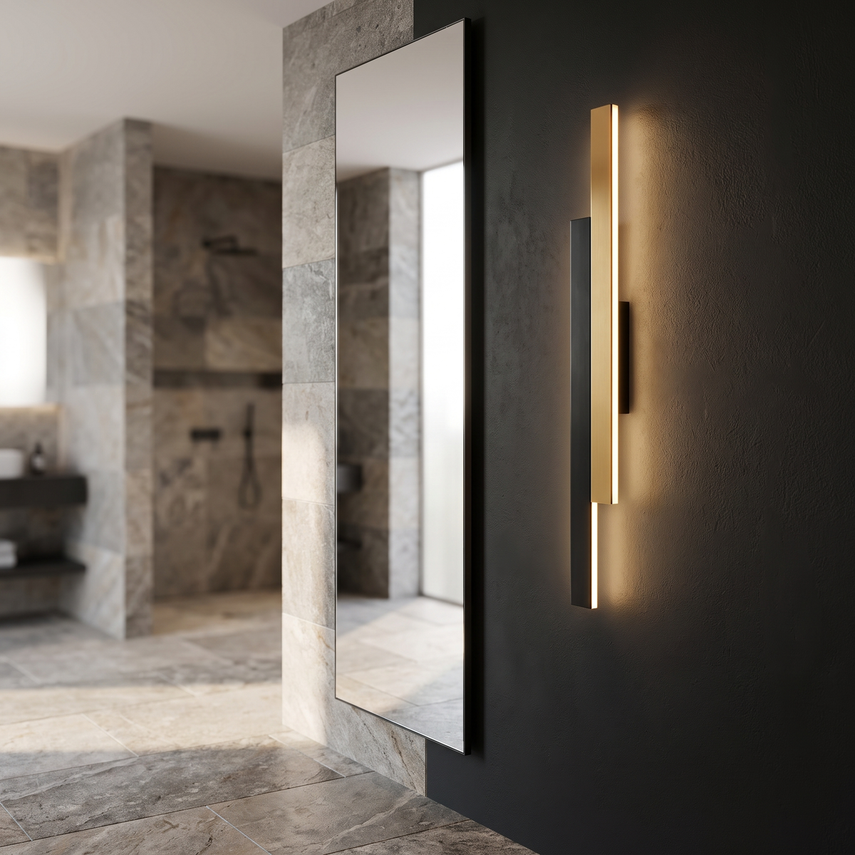 Ovanne wall light with one black bar and one gold bar side by side, mounted vertically on a wall.