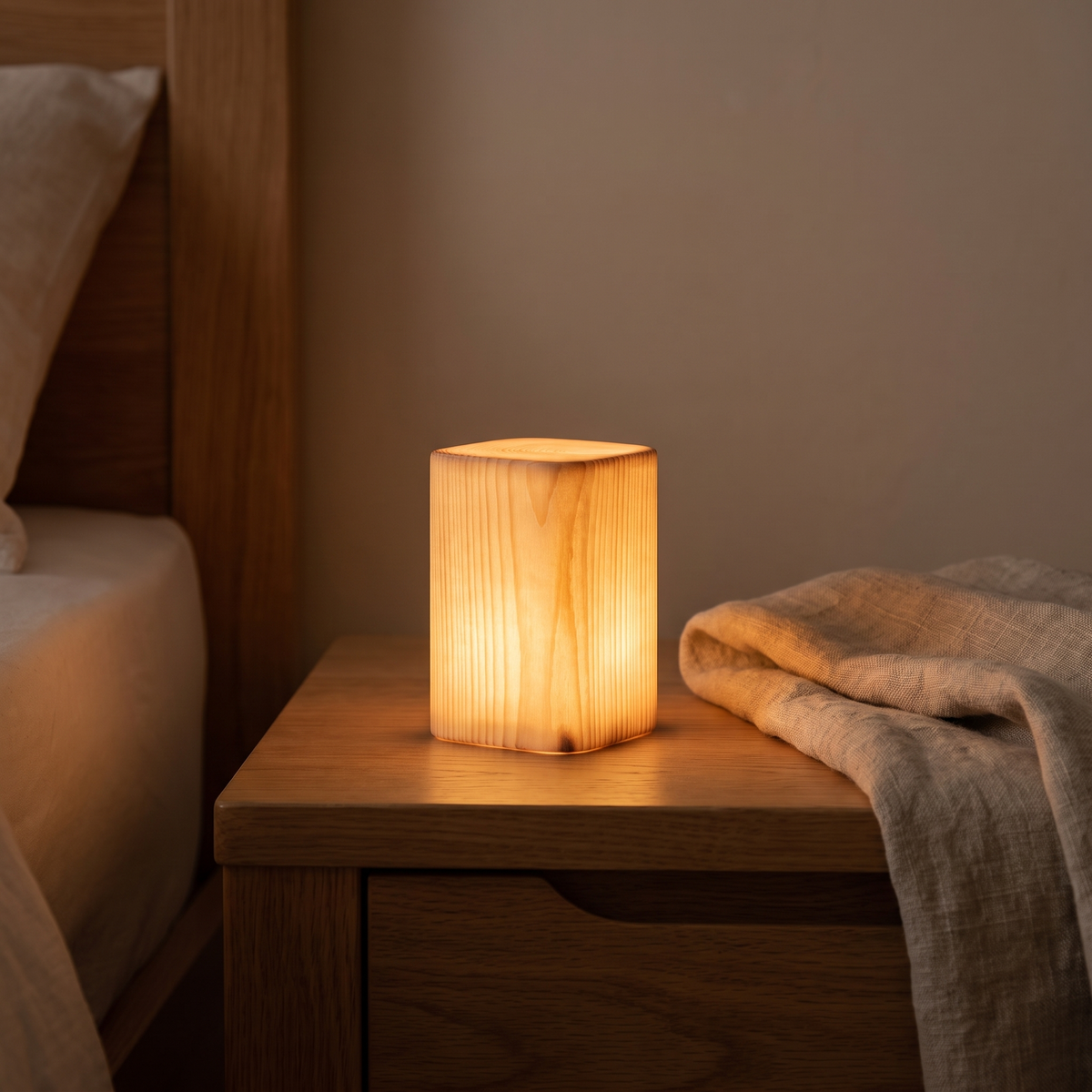 Rosvik square wood accent lamp in natural pine, glowing warm on a bedside table.