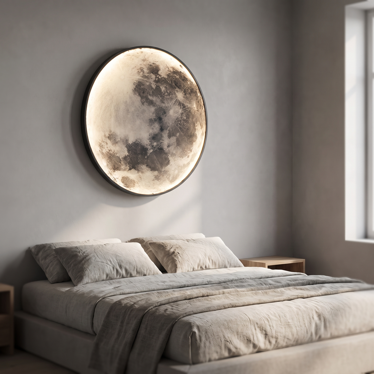 Umbraline wall light, a large round disc with a moon-textured face and a thin dark rim, mounted on a bedroom wall.