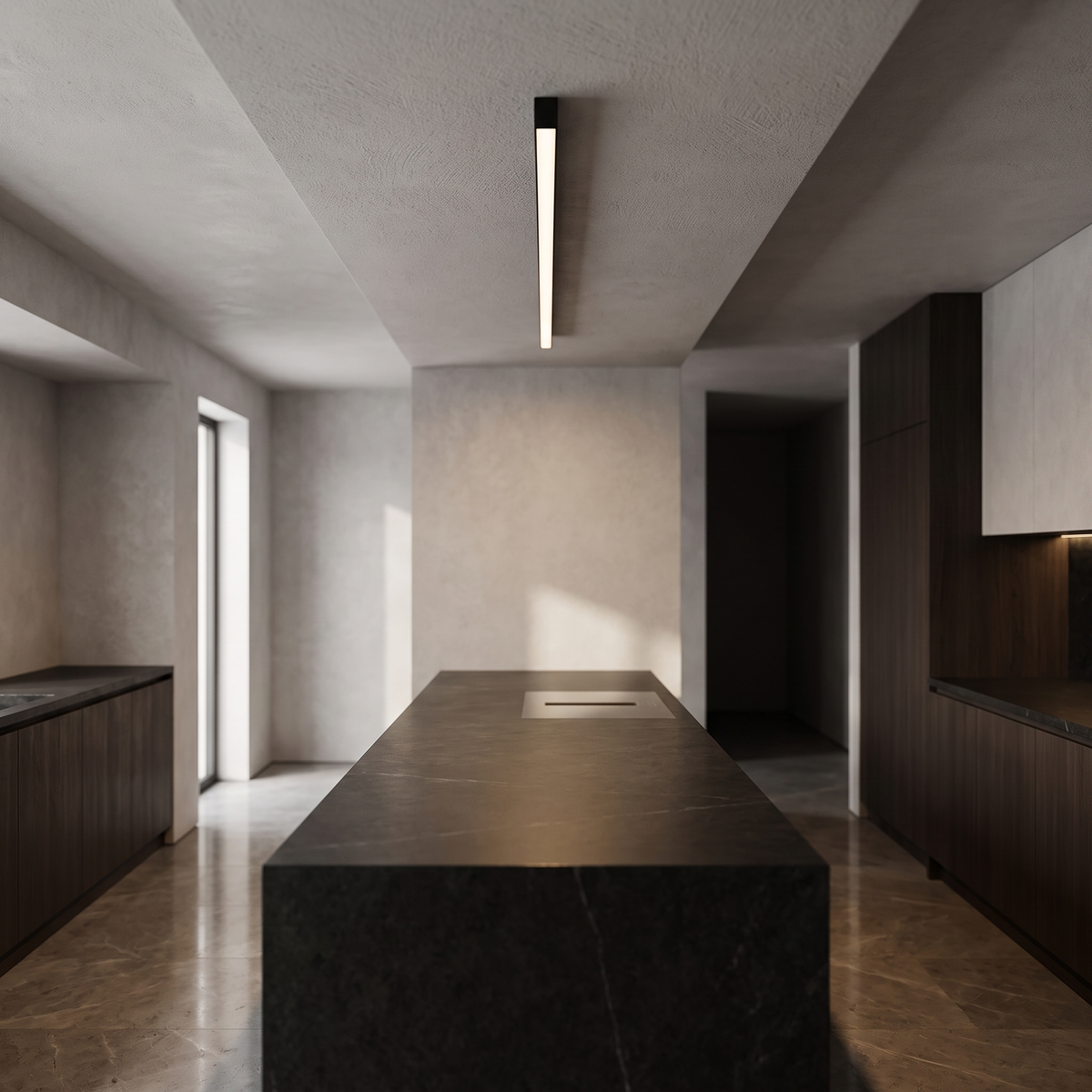 Ysoline ultra-slim black linear ceiling light with a warm lit face, mounted flush to a kitchen ceiling.
