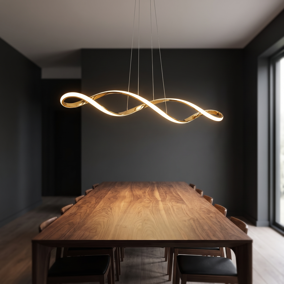 Gwynelle pendant, a gold waveform ribbon of light, suspended on thin cables above a walnut table.
