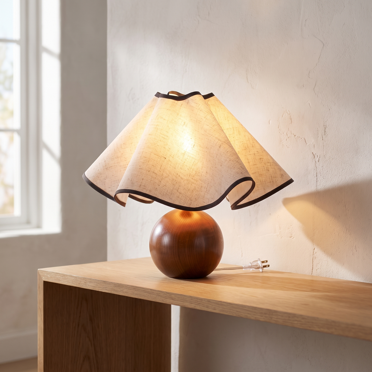 Duneva table lamp with a draped linen shade with a dark trim on a walnut sphere base, on an oak console