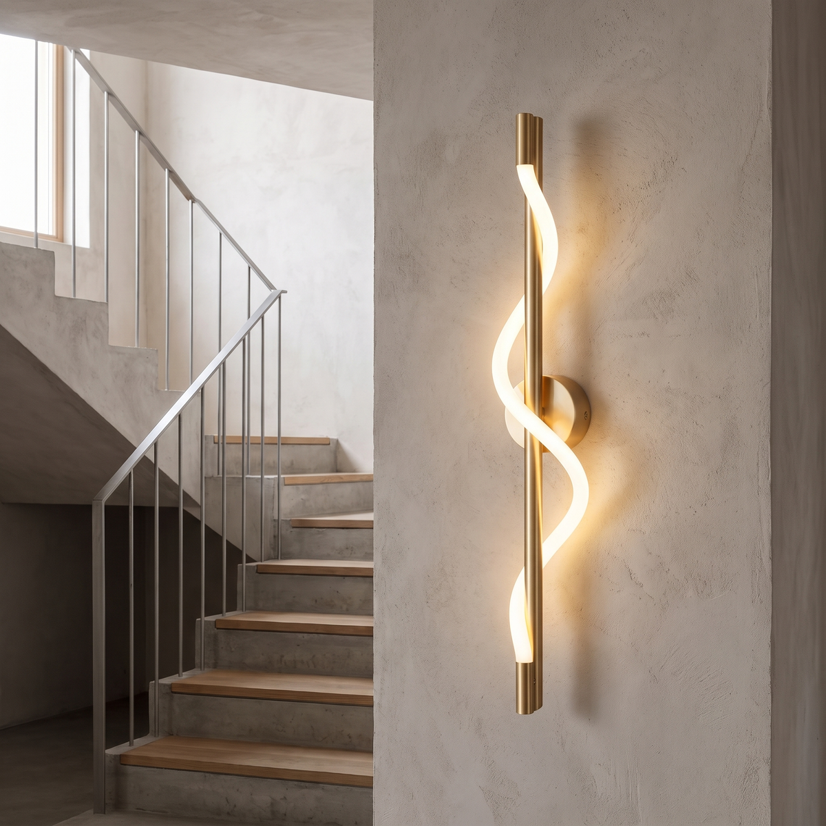 Girelle wall light with a white silicone helix curving around a brass rod, mounted beside a staircase.