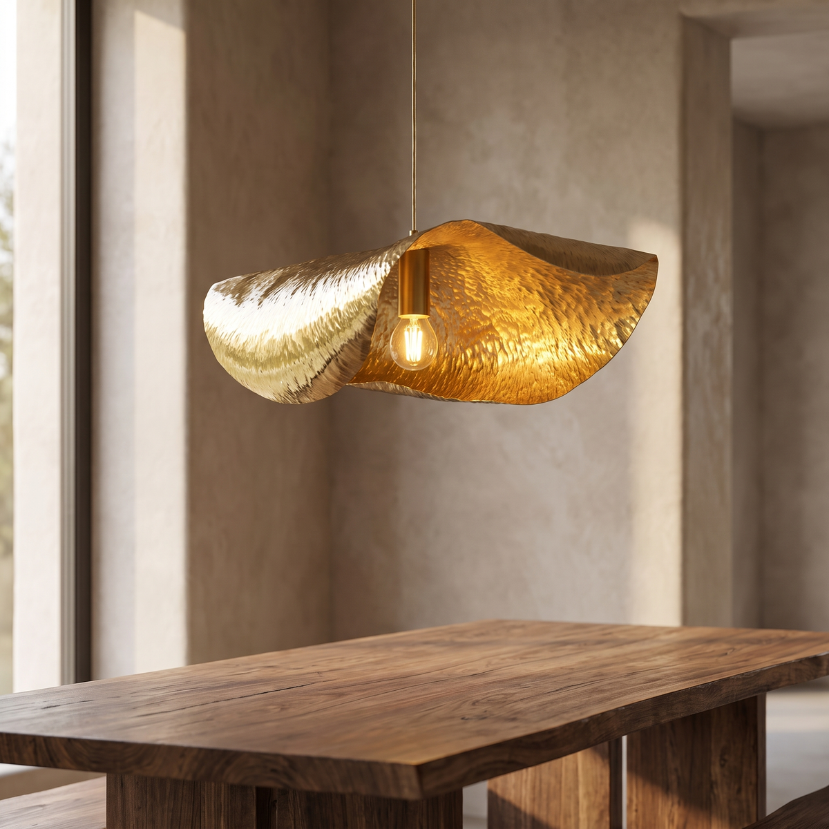 Kestrine pendant with a wide draped hammered brass shade and a bare filament bulb hanging beneath it, above a live-edge wood table.