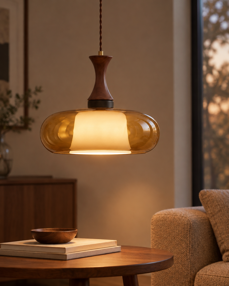 Orlena Antique Brown Glass Plug-In Pendant, lit close-up showing the amber glass shade, glowing inner diffuser and walnut neck