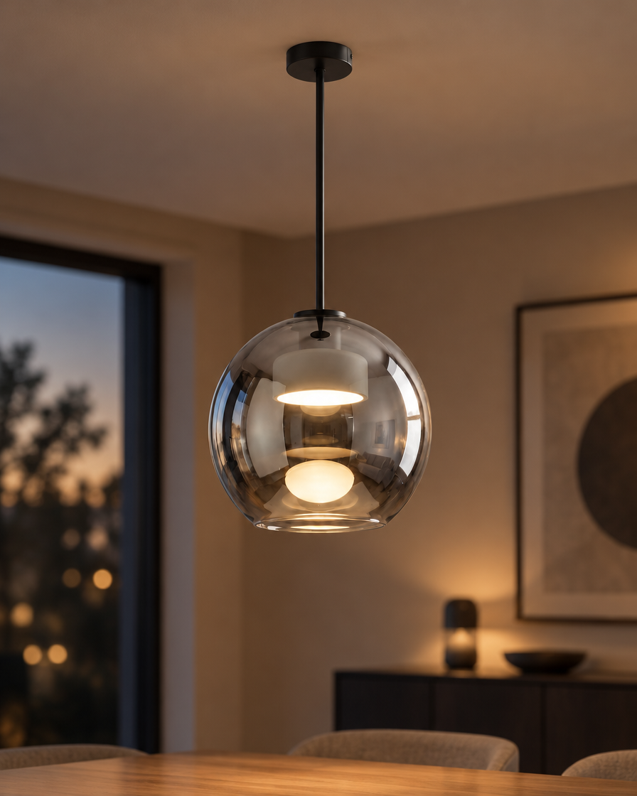 Metro Sphere Glass Pendant Lamp, lit close-up showing the smoked glass globe and inner diffuser