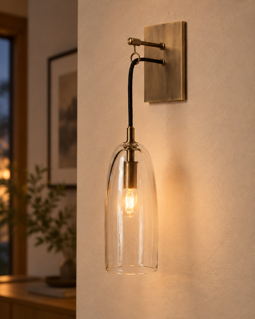 Lure Wall Lamp, lit close-up showing the clear glass shade, filament bulb and aged-brass backplate