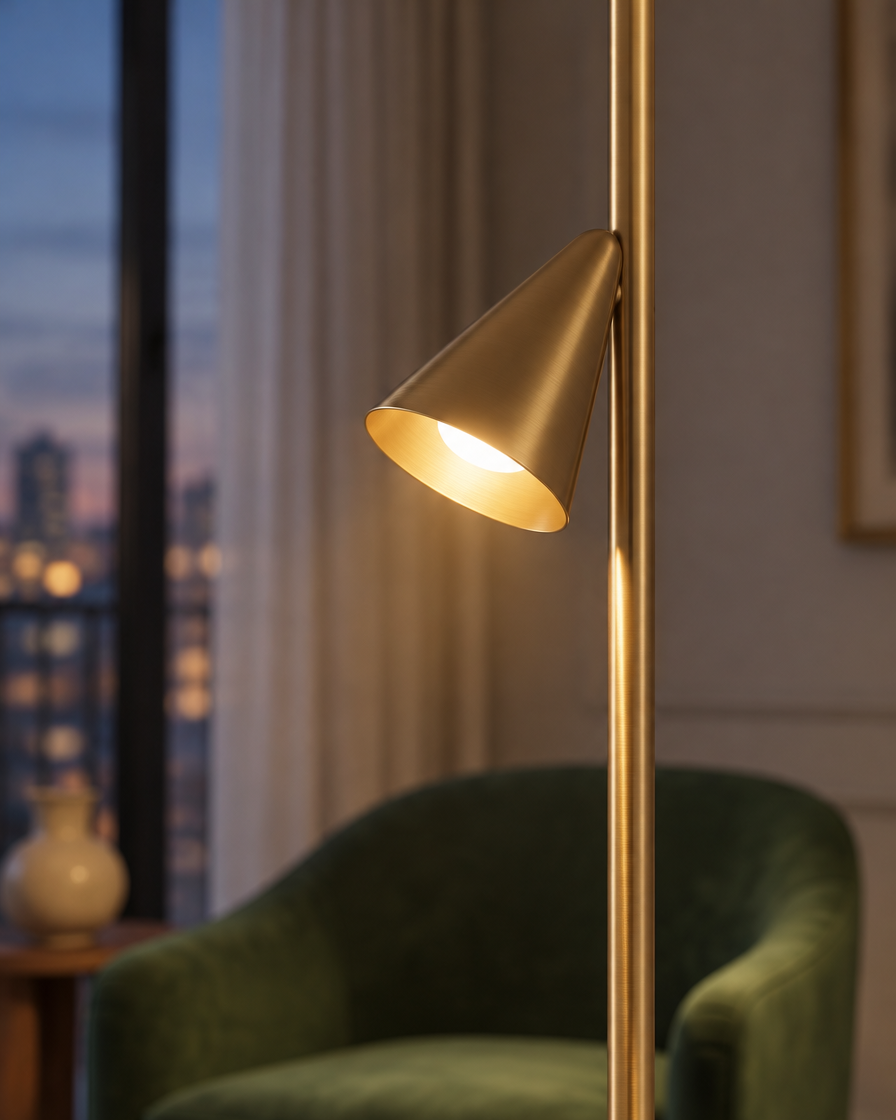 Soreluna Floor Lamp, lit close-up showing the brushed-brass cone shade and slim brass stem