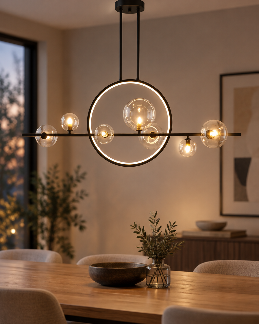 Noctelle Seven Light Glass Bubble Chandelier, lit close-up showing clear glass globes and black ring frame