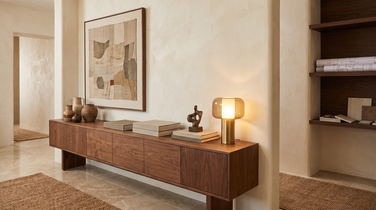Comvilo design-team editorial background - walnut console with ceramics, sculpture and warm lamp