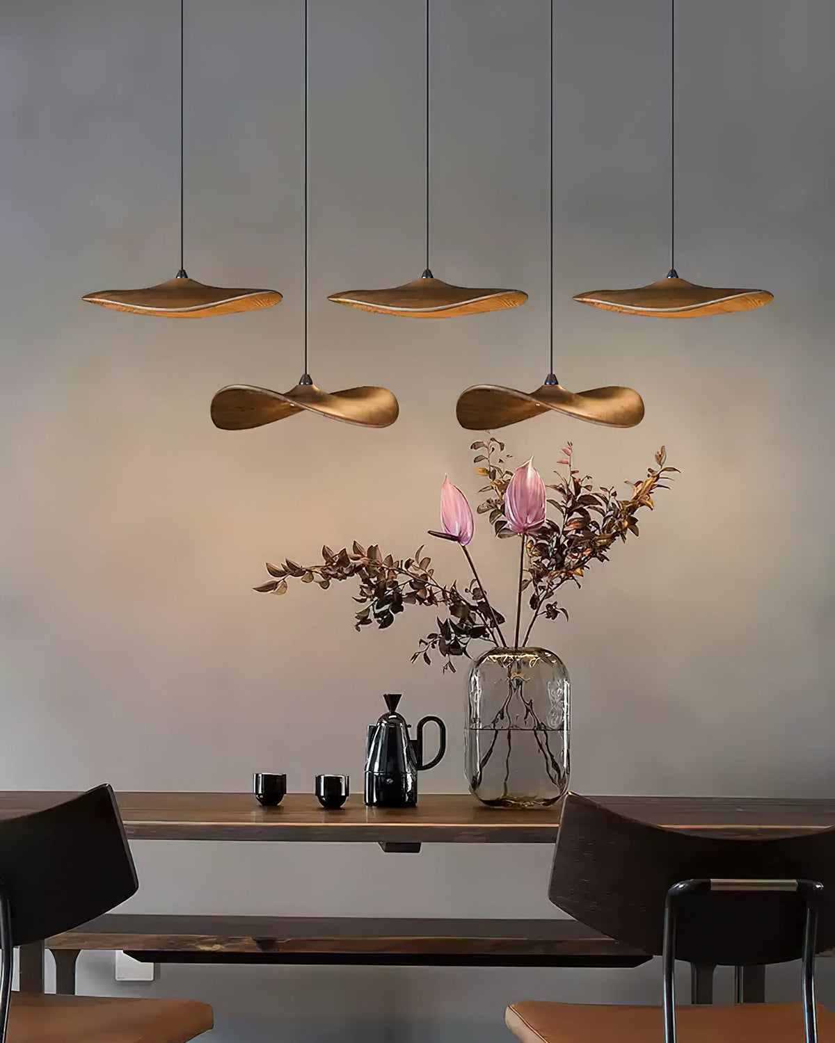 Leafora Wood Leaf Chandelier, Walnut 5 heads over dining table