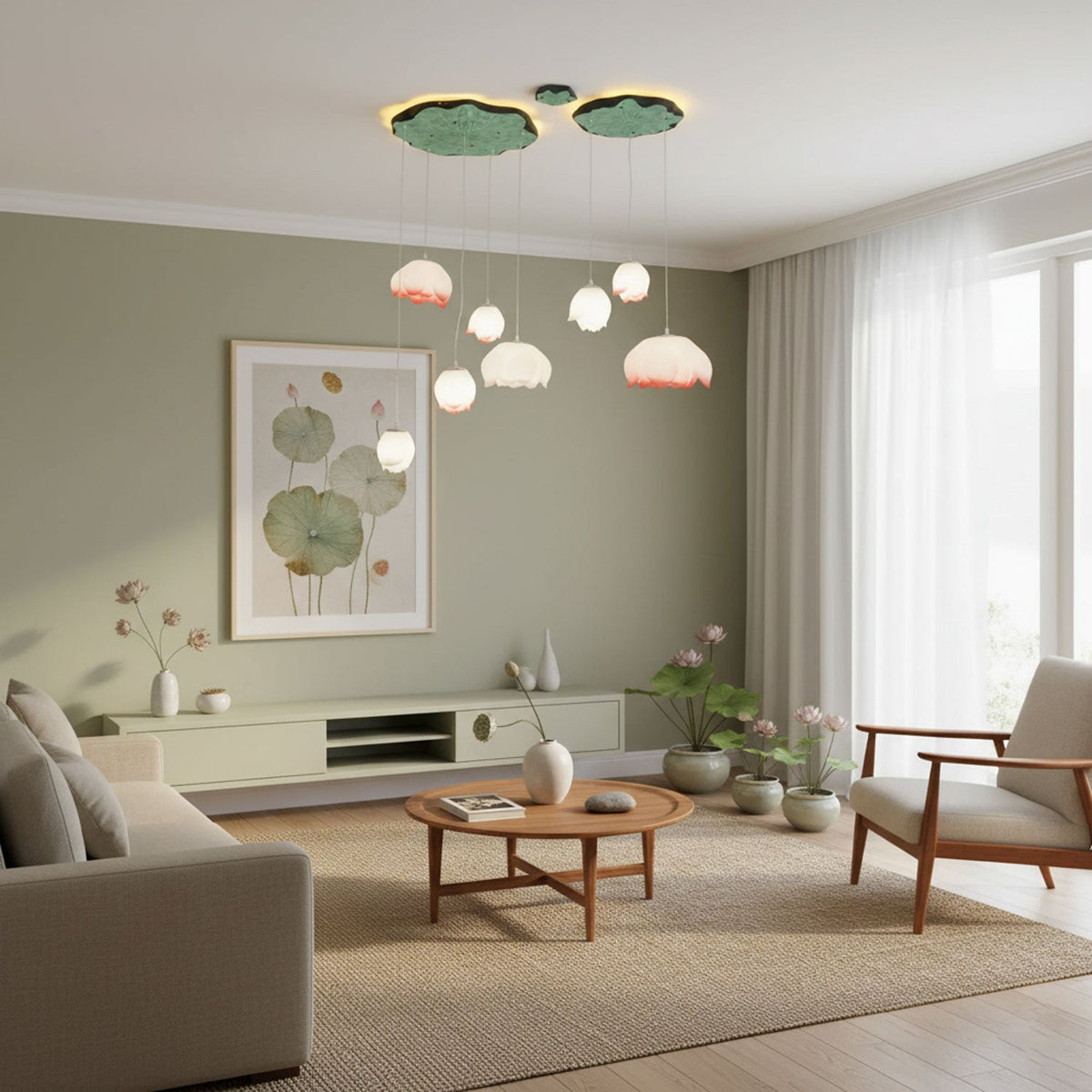 Lotessa Chandelier with lotus shades and green leaf canopies, lit, in a sage green living room