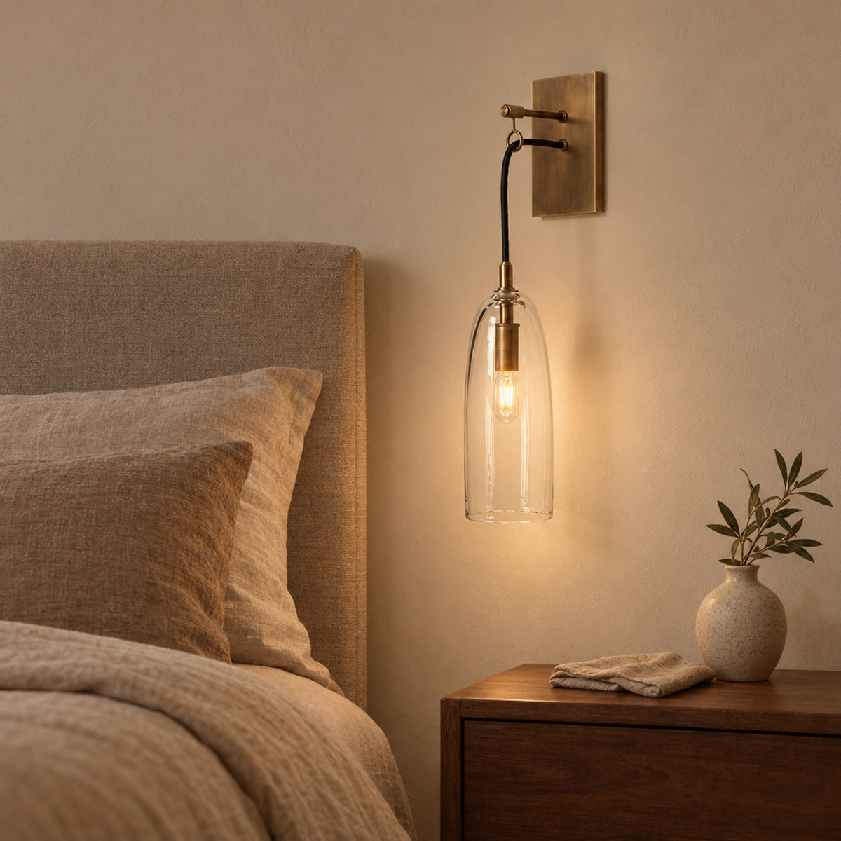 Lure Wall Lamp, lit beside a bed on a warm white wall