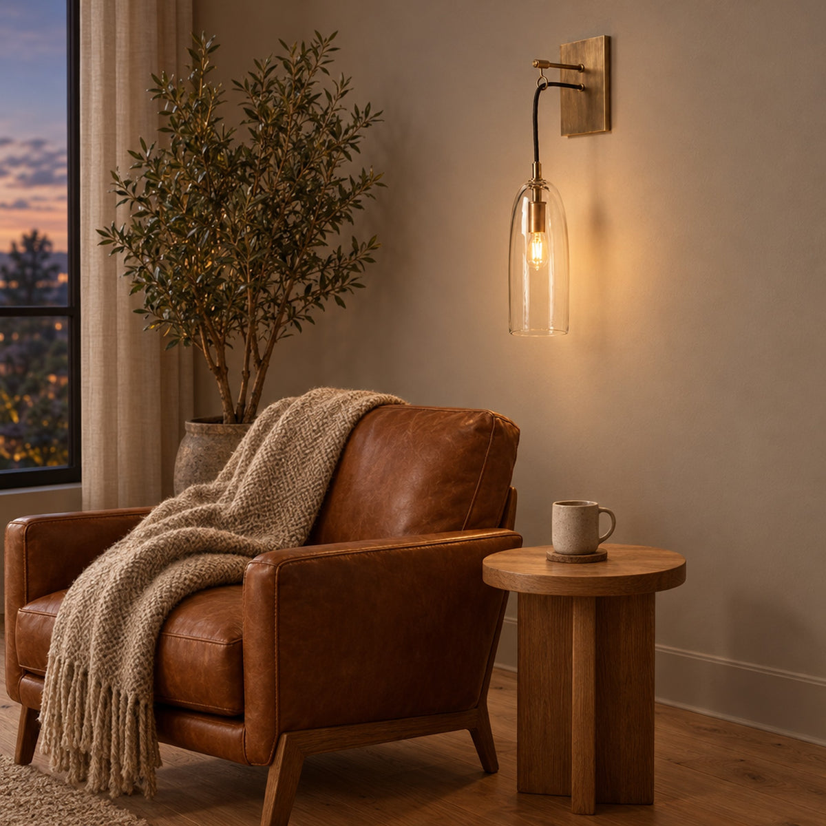 Lure Wall Lamp, lit above a leather lounge chair in a reading corner