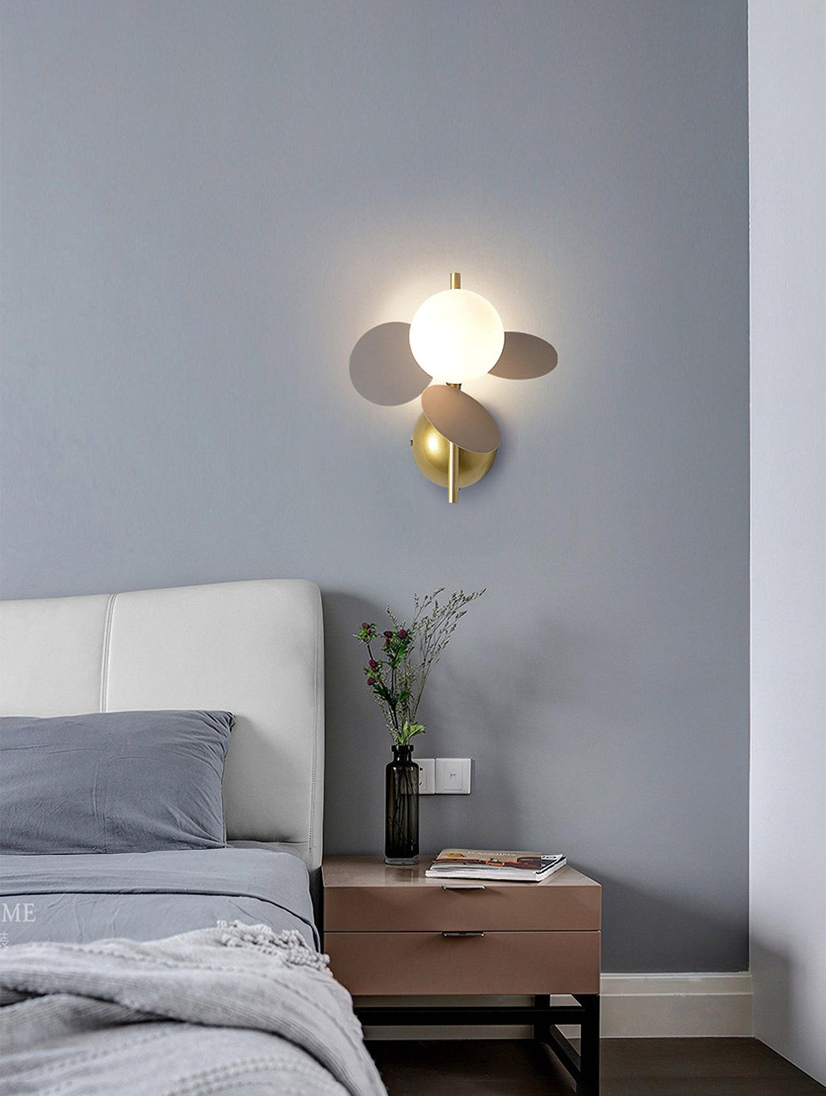 Macaronne Round Disc Wall Lamp, Grey discs, lit, bedroom above nightstand