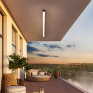 Slim linear LED ceiling light with a black body, fitted under a terrace ceiling at dusk.