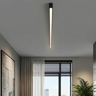 Slim linear ceiling light fitted across a grey bedroom ceiling beside a window.
