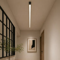 Slim linear ceiling light fitted along a hallway ceiling beside black-framed glazing.