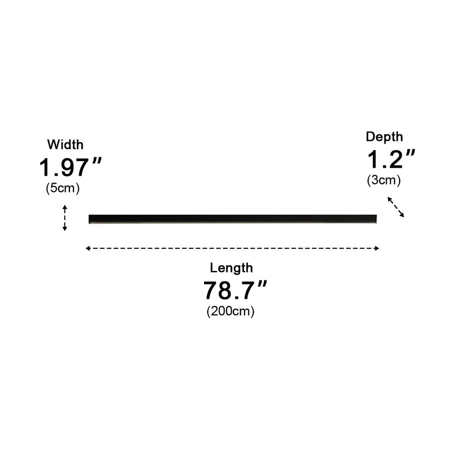 Sizing diagram of the linear ceiling light, printed measurements reading width 1.97 inches / 5cm, depth 1.2 inches / 3cm and length 78.7 inches / 200cm.